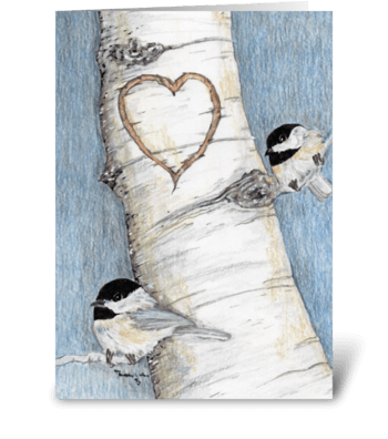 Chickadees and carved heart greeting card