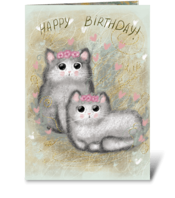 Cute fluffy kitties with pink flowers greeting card