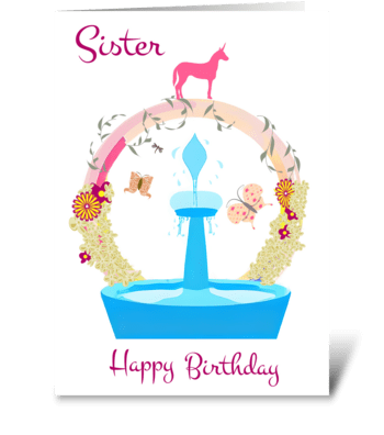 Unicorn Fountain Birthday for Sister greeting card