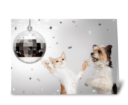 Dog and Cat New Years Celebration Party greeting card