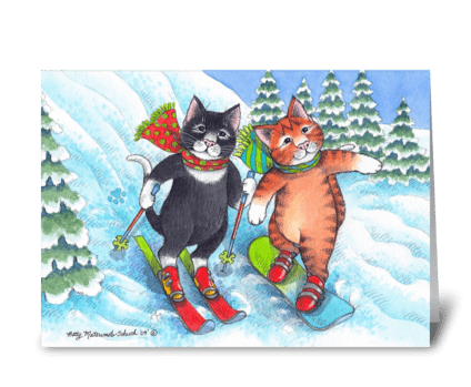 Skiing & Snowboarding Cats Holiday #67 greeting card
