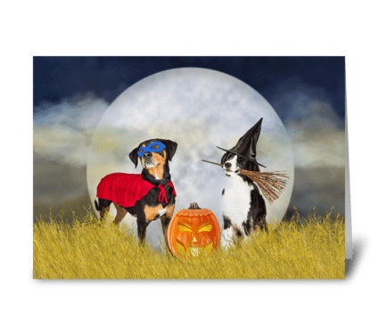 Funny Dogs Trick-or-Treat on Halloween greeting card