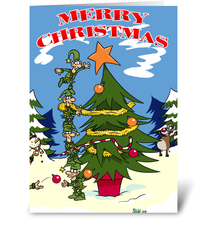 Elves Decorating a Christmas Tree greeting card