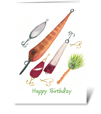 Happy Birthday Fishing Lure Watercolor greeting card