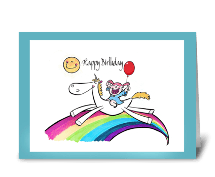 Little girl rides Unicorn, Birthday greeting card