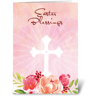Easter Blessings Pink Flowers with Cross greeting card