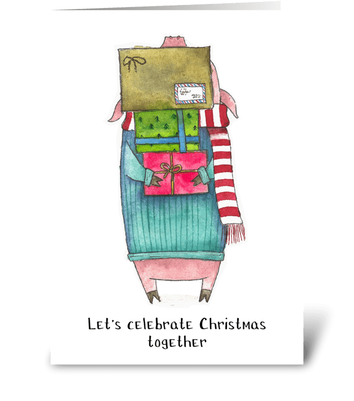 Pig gives gifts greeting card