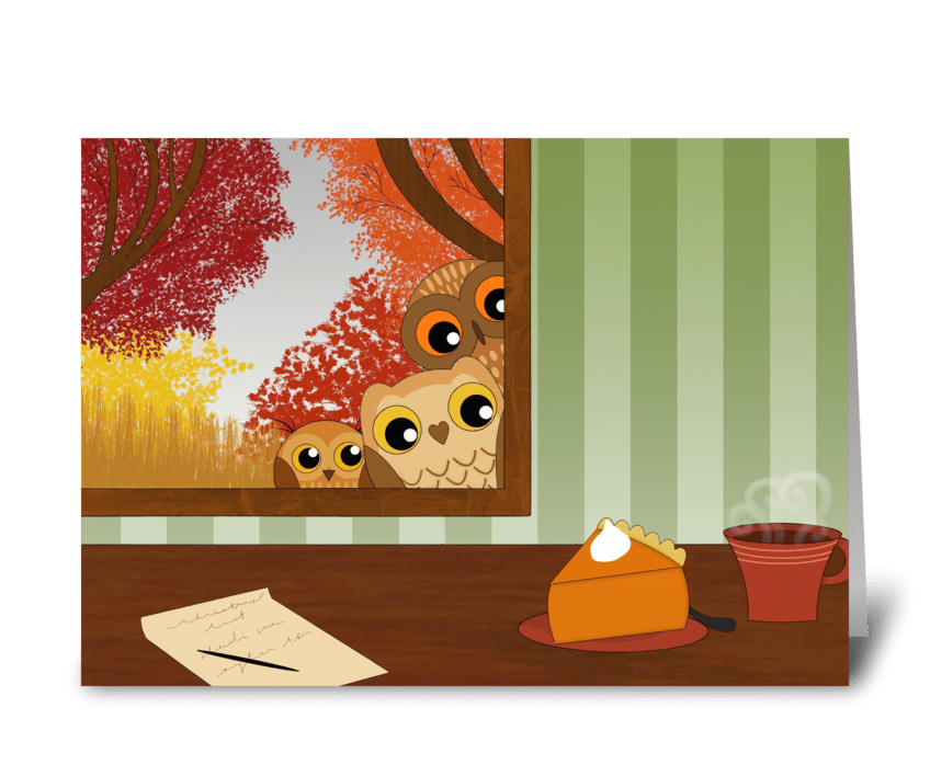 Autumn window owls greeting card