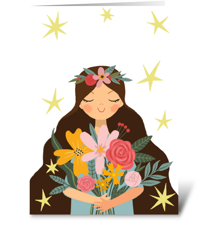 Cute girl with flowers and stars. greeting card