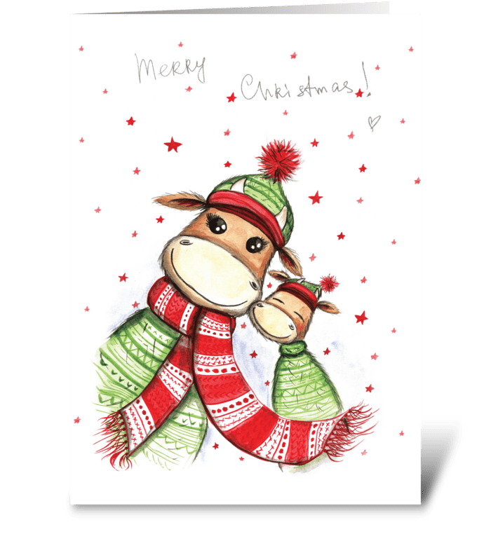 Cute bulls in sweaters and hats. greeting card