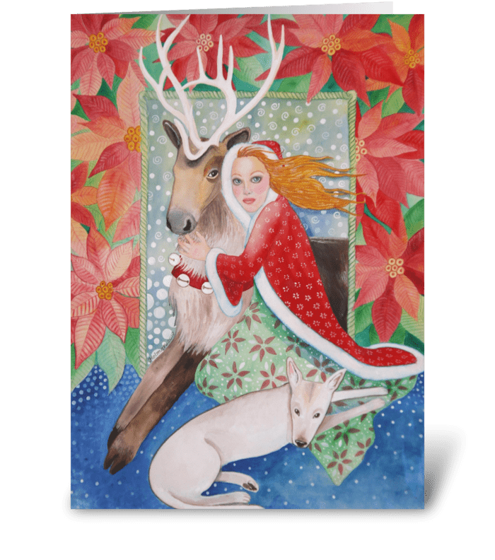 Poinsettias and Reindeer Christmas greeting card