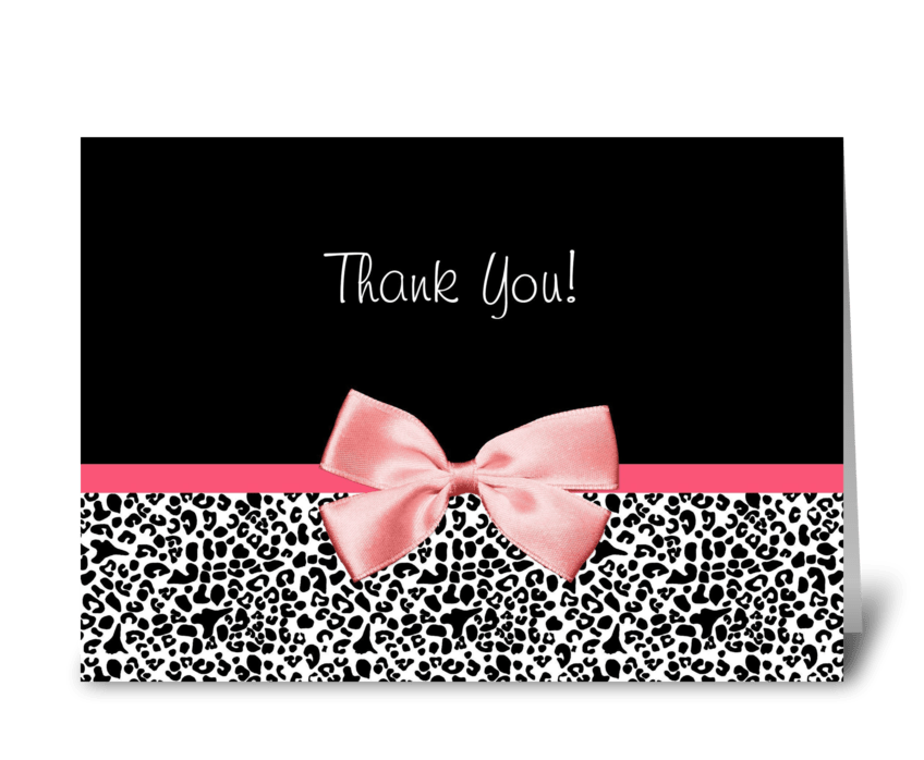 Leopard Print Thank You With Pink Ribbon greeting card