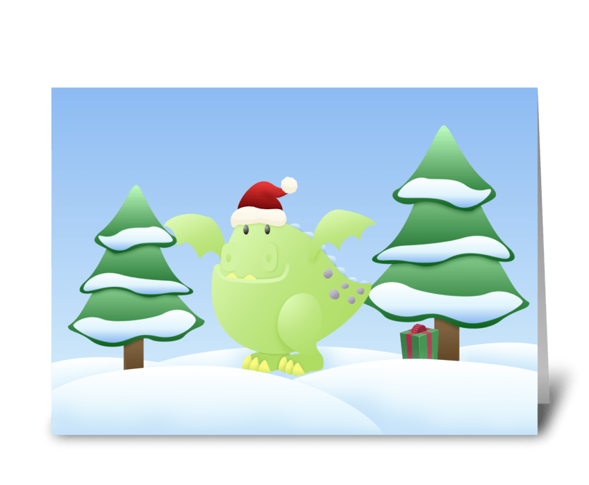 Green Dragon Monster Holiday Scene greeting card