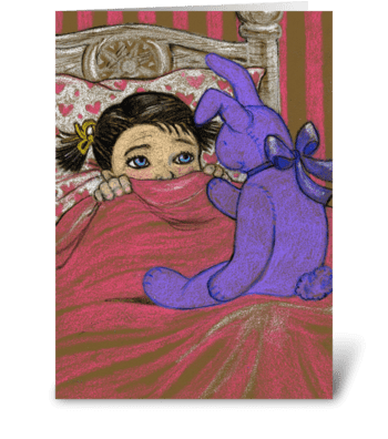 Girl Scared in Bed for Halloween greeting card