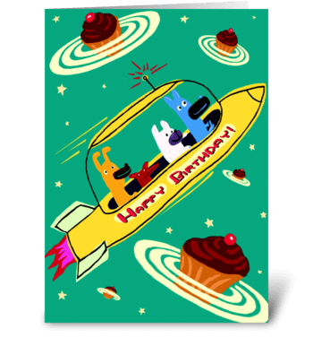 Yellow Rocket Ship Birthday greeting card