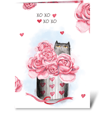 Watercolor Valentine's cats and peonies greeting card
