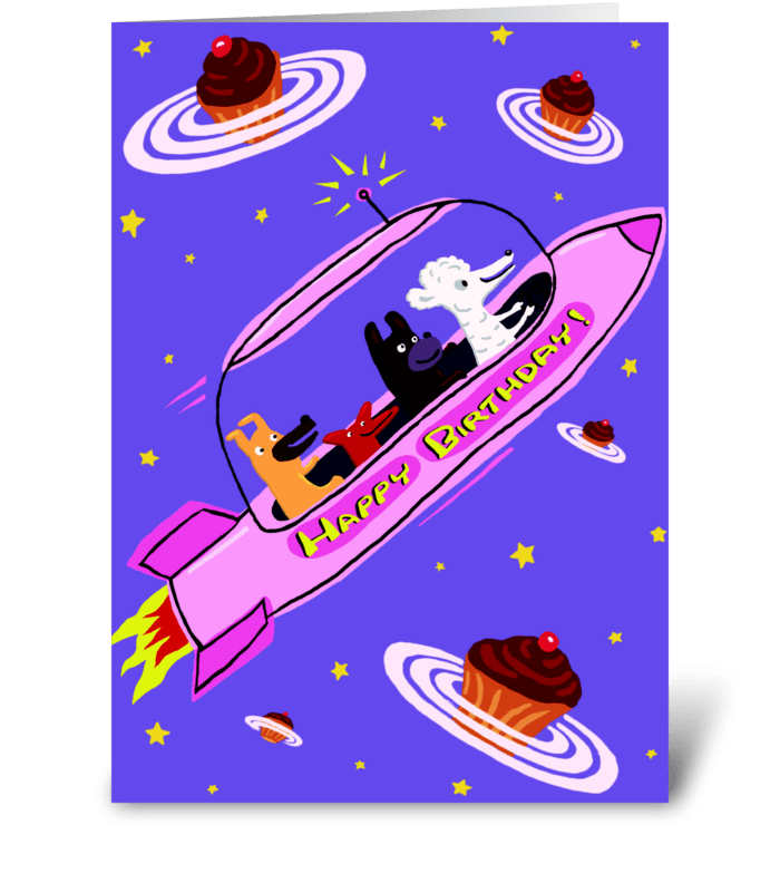 Pink Rocket Ship Birthday greeting card