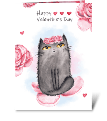 Watercolor Valentine's cats and peonies greeting card