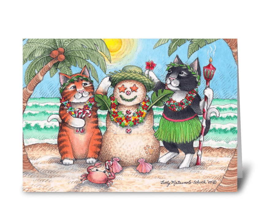 Tropical Christmas Holiday Cats #72 greeting card