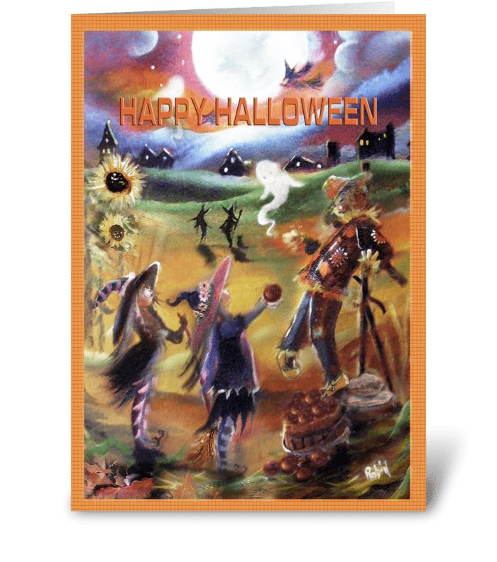 Little Witches and Scarecrow, Halloween  greeting card