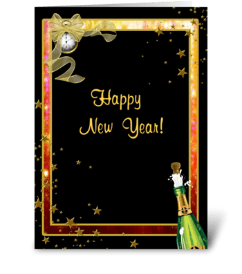 Happy New Year, Champagne, Clock, Stars greeting card