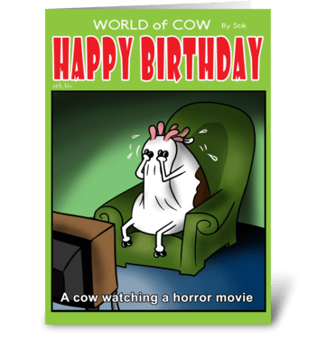 A Cow Watching a Horror Movie BD card greeting card