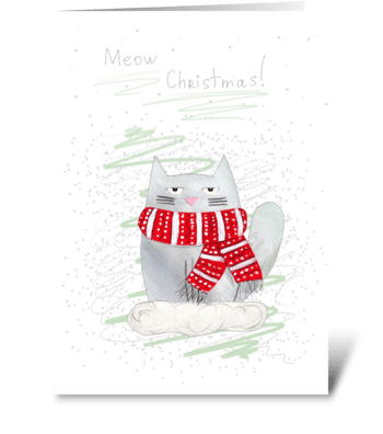 White cat in a red scarf  greeting card