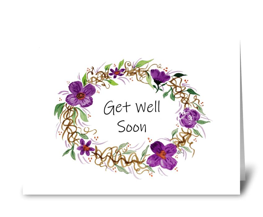 Watercolor Get Well Soon Purple Wreath greeting card
