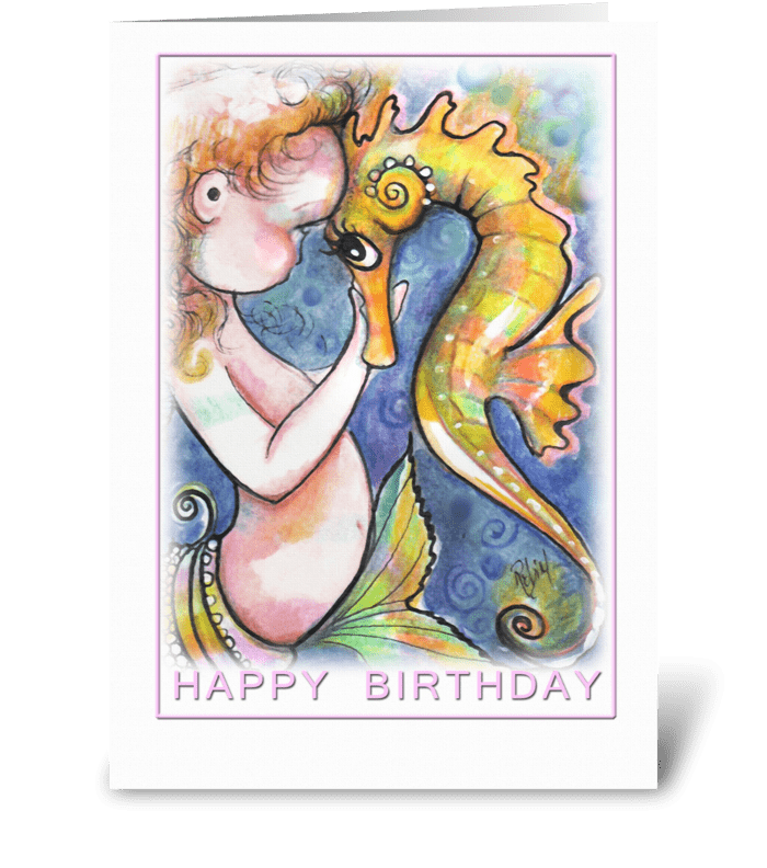 Mermaid Baby and Seahorse, Birthday greeting card