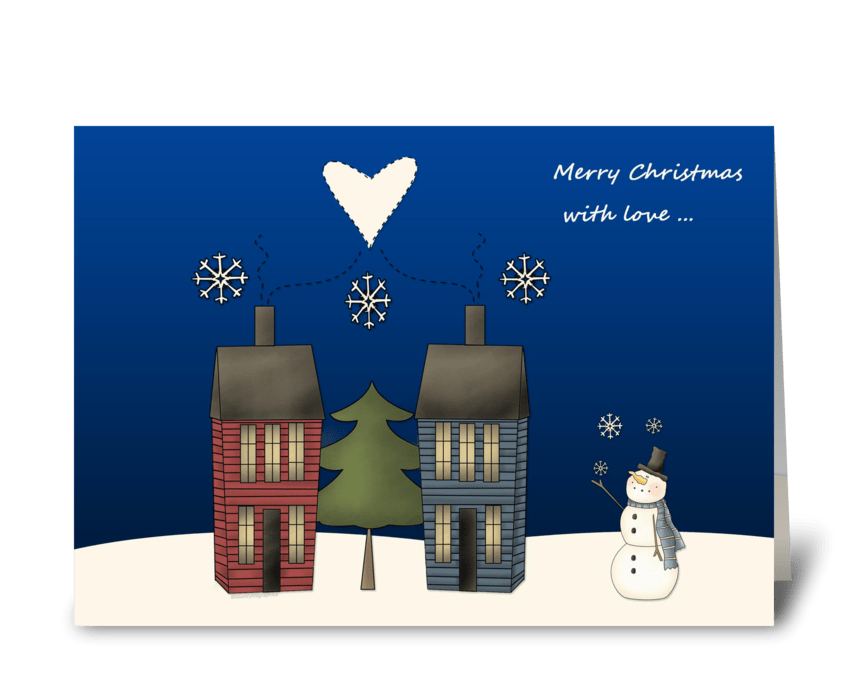 Snowman, Folk Art Homes Christmas greeting card