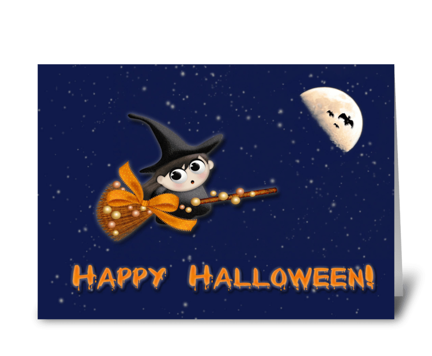 Witch on Broomstick Halloween Wishes greeting card