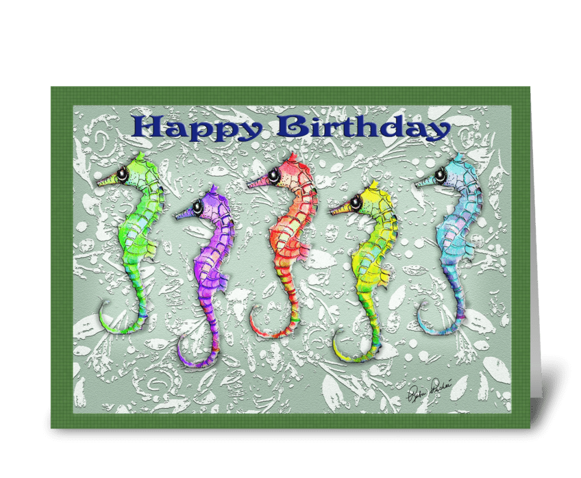 5 Colorful Sea Horses, Birthday ART greeting card