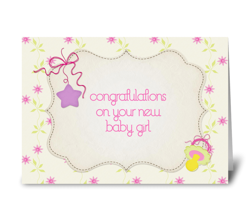 Pink Flowers, Star, Baby Girl, Congrats greeting card