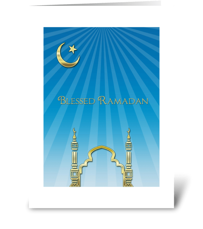 Ramadan, Blue Rays, Gold Mosque greeting card