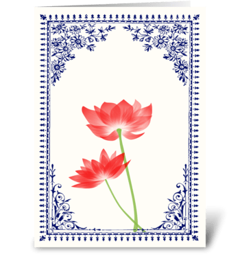 Vintage Red Flower 1 with Blue Border greeting card