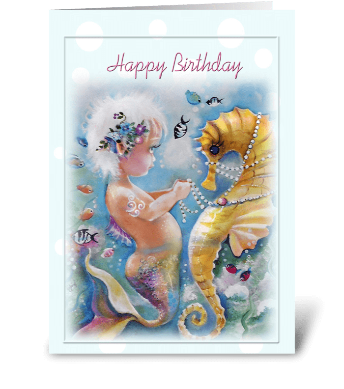 Sweet Mermaid and Seahorse, Birthday greeting card