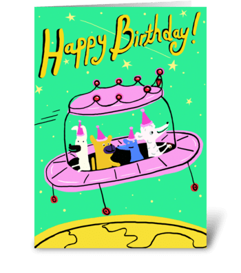 Pink Space Ship Birthday greeting card