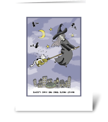 Cat Gets Flying Lessons at Halloween greeting card
