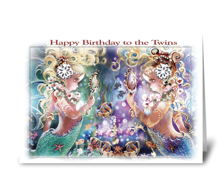 Twins Birthday, Mermaid Themed ART greeting card