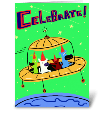 Yellow Space Ship Birthday greeting card