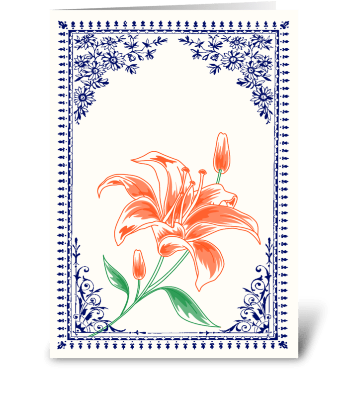 Vintage Orange Flower 4 with Blue Border greeting card