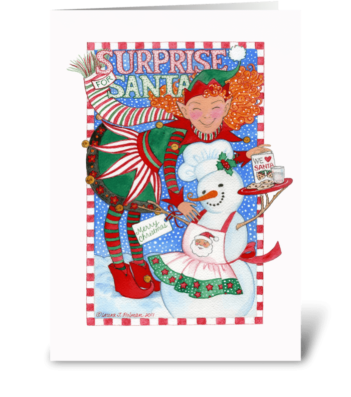 Elf & Snowman Surprise for Santa greeting card