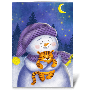 Cute snowman with tiger greeting card