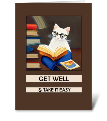 Cat with Books Get Well greeting card