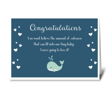 Navy blue with baby whale and hearts greeting card