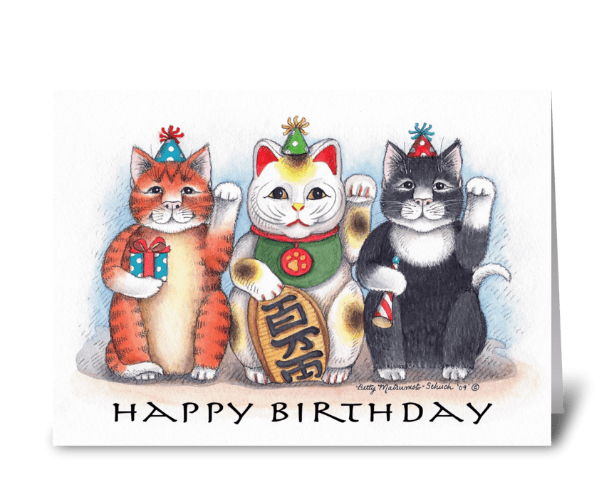 Maneki Neko Cats Happy Birthday #62 greeting card