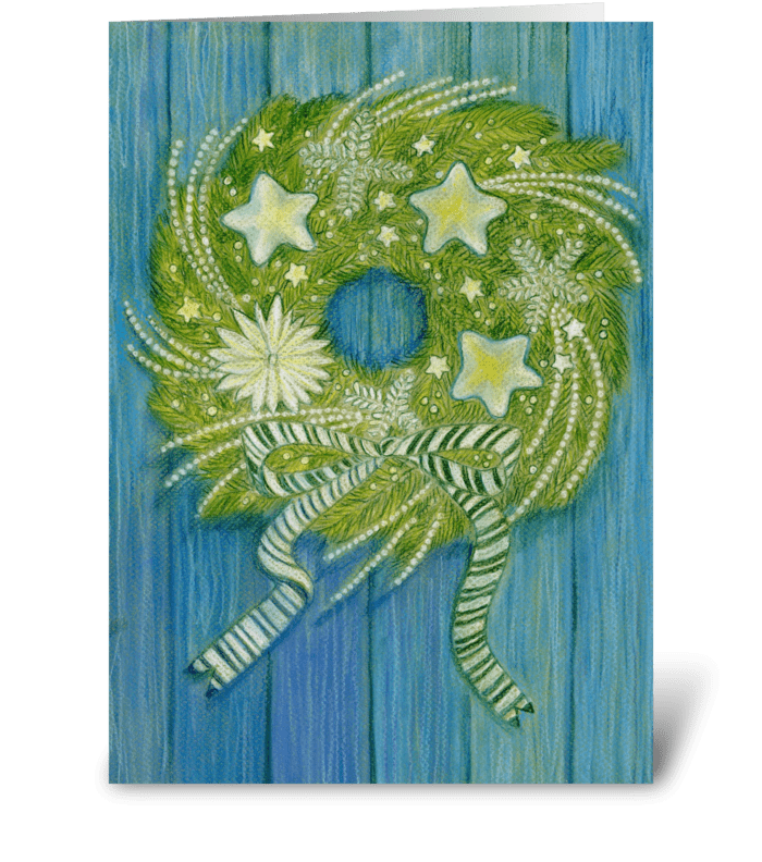 Holiday Wreath on Blue Wall greeting card