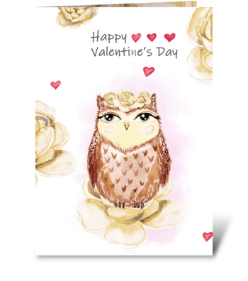 Watercolor Valentine's owl and peonies greeting card