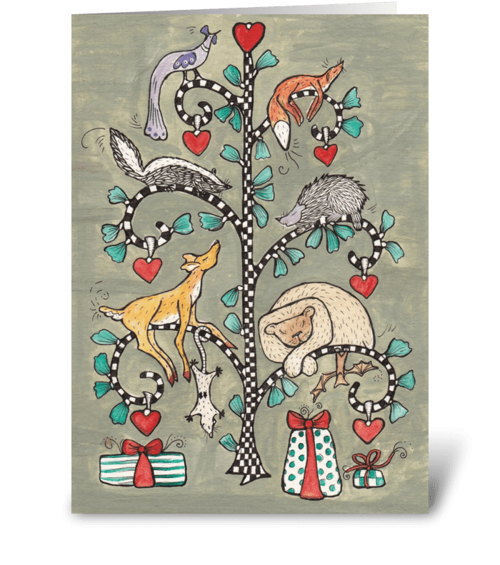animal christmas tree greeting card