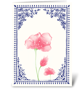 Vintage Pink Flower 3 with Blue Border greeting card